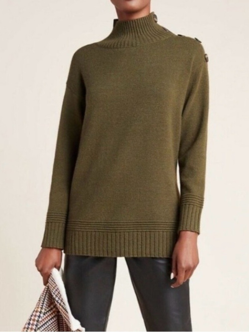 Anthropologie Margarita Tunic Sweater Button Shoulder Ribbed Trim Cozy Green